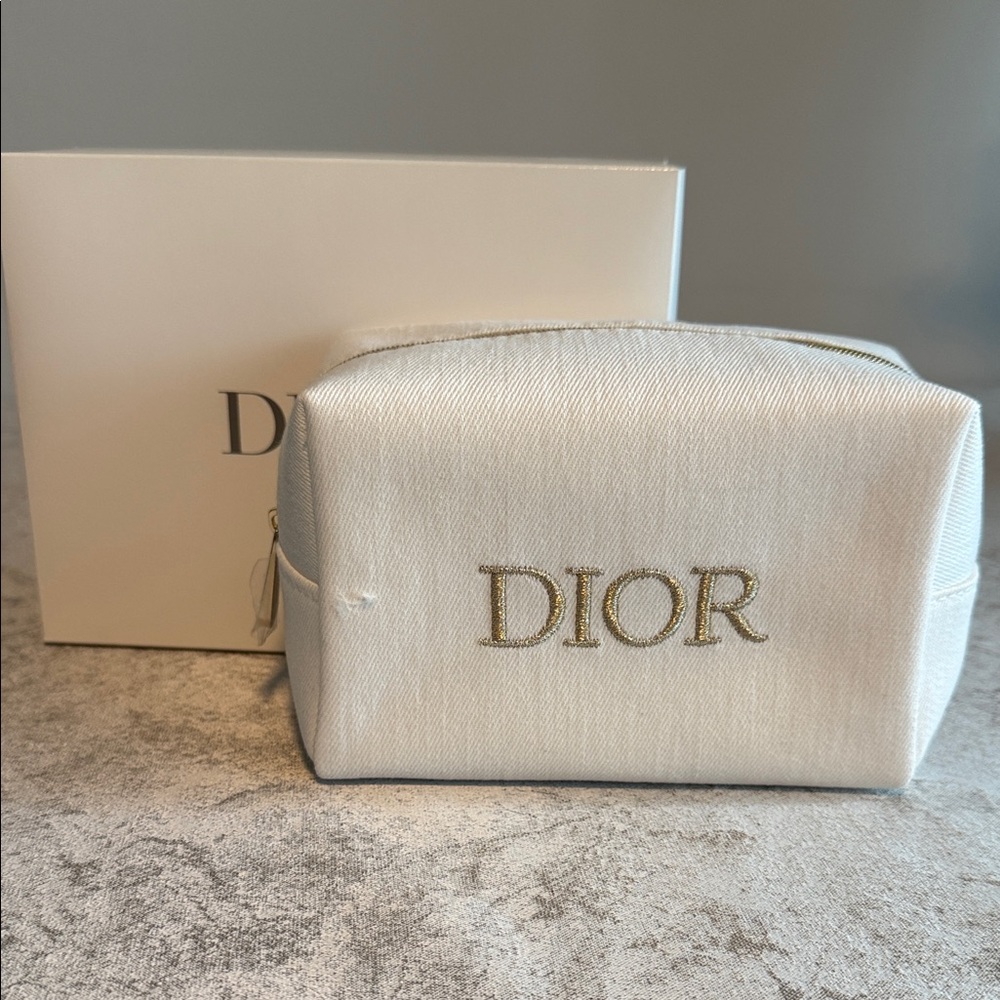 Dior Cream Cosmetic Pouch with Gold Logo